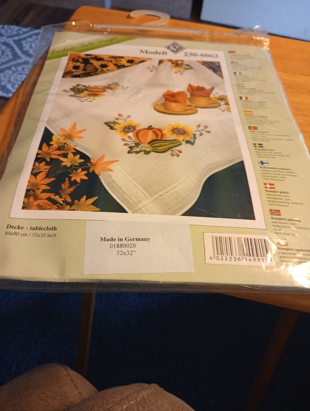 Embroidered Harvest Tablecloth in Cream and Orange - Made in Germany 32"X 32"